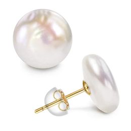 Stud Women Big Baroque Button Pearl Earrings Freshwater Cultured Biwa Coin Pearls 925 Sterling Silver Mounts JewelryStud