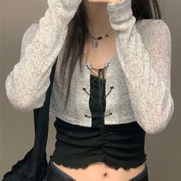 Tonngirls Grunge 2 Pieces Tops Women Casual Y2k Vintage Tshirt Long Sleeve E Girl Streetwear Lace Up Crop Tops Korean Style Tee 220816