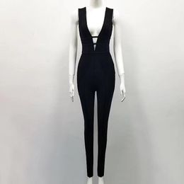 Women's Jumpsuits & Rompers Style Black Sexy Bodycon Women Bandage Jumpsuit Sleeveless Strapless Beading Celebrity Full Length Party Jumpsui