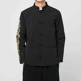 2022 Men Chinese Style Print Hanfu Jackets Mens Traditional Kung Fu Jackets Male Cotton Linen Oriental Fashion Black Tang Suit L220706