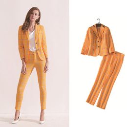 Women's Two Piece Pants Autumn And Winter Fashion Plaid Yellow Small Suit Jacket Slim Trousers Two-piece FemaleWomen's