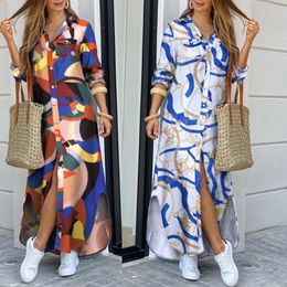 long sleeve red sheath dress UK - Fashion Casual Maxi Dresses 5XL Spring Autumn Designer Dress Womens Full Printing Lapel Neck Loose Clothes with Pocket Plus Size 4XL Long Sleeve Woman Clothing