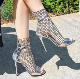 Sandals Galaxia Crystal-embellished Mesh Strass Caged Stiletto Rhinestones Ankle Strap Silver Leather Shoes High Heeled Luxury Cool