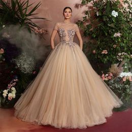 Champagne Prom Dresses V Neck Lace Applqiues Transparent Cap Sleeve High Neck Portrait Shoulder A Line High Waist Evening Formal Dresses Graduation Girls Gowns