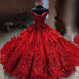 sparkly Sequined Lace Quinceanera Dresses Dark Red Off Shoulder Appliques puffy Ruffles cathedral train Crystal prom vestido 15
