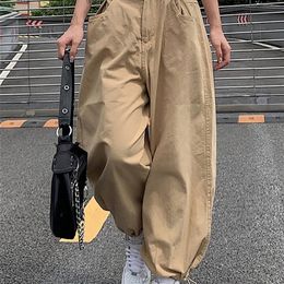 ALLNeon Y2K Fashion Khaki Oversized Cargo Pants Hip Hop Style Loosed Adjustable Waist Drawstring Long Pant Streetwear 90s Autumn 220726