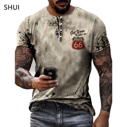 Summer Vintage Short Sleeve Street Style Fashion America Route 66 Letters Printed Clothes Crew Neck Mens Oversized Tshirt 220521