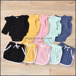 Clothing Sets Kids Girls Solid Colour Outfits Infant Toddler Flying Sleeve Romper Topsandpit Stripe Skirts 2Pcs/Se Mxhome Dhce1