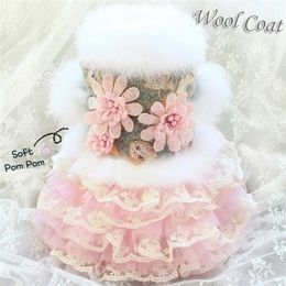 handmade grey wool flower pet coat dog skirt dresses cat apparel winter poodle Maltese yorkshire Y200328