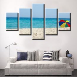 5Panel HD Print Sea Seabeach Beach Umbrella Modular Wall Painting Seascape Wall Canvas Art for Living Room Cuadros Decora Poster