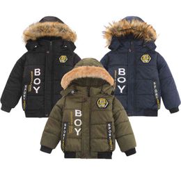 2021 New Style Keep Warm Winter Boys Jacket Plus Velvet Boy Letter Pattern Hooded Outerwear For Kids Children Windbreaker Jacket J220718