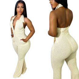 New Wholesale Beautiful Jumpsuits Summer Women Backless Knitted Rompers Solid Halter Jumper Suit Casual Skinny Bodycon Bodysuit Night Club Wear 7336