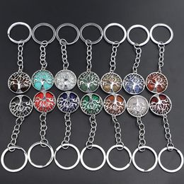 Fashion Tree of life Key Rings Natural Stone Pendant Keychain Natural Quartz Stones Pink Crystal Keychains Accessories