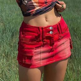 Rockmore Vintage WomenS Denim Skirt Pockets Low Waist Mini Skirt Korean Summer Streetwear Cargo Short Skirt E Girl Bottom 220701