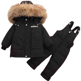 -30 Grade Baby Jumpsuit Winter Jacket Down Children Clothes Sets Thicker Real Fur Collar Boys Girls Snowsuit Children Suit 1-3Yrs J220718