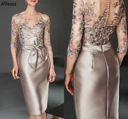 Embroidery Lace Sheath Mother Of The Bride Dresses For Wedding Sheer Neck Half Long Sleeves Formal Party Gowns Satin Knee Length Straight Dress Back Buttons CL1795