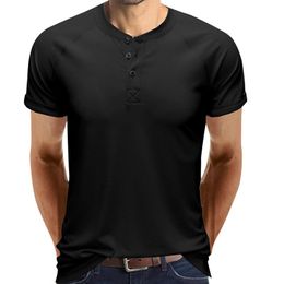 Men's T-Shirts Men's Casual Solid Colour Top Shirt Round Neck Blouse Raglan Sleeve Button Tops Fashion Men Cotton Workout TopMen's