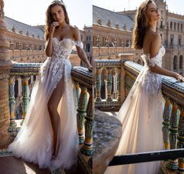 Boho Bridal Gown Tulle A Line Wedding Dresses 2022 Off the Shoulder Lace Appliques Beach Sexy High Split For Bride Vestidos De Noiva