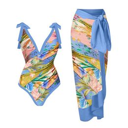 monokini girls Canada - Women's Swimwear Blue Deep V Vintage Print One Piece Swimsuit Set For Girls Summer Beach Luxury Shorts Monokini Sexy Bourkini SingleWomen's