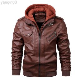 2022 Men Hooded Fashion Biker Leather Jacket Teens Slim-Fit Zipper Pu Jacket L220801