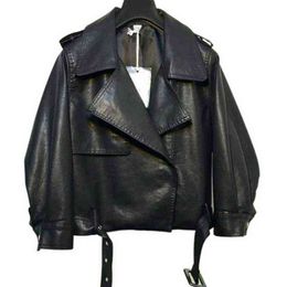 Women Short PU Leather Jacket Loose Turndown Collar Faux Leather Coats Female Fashion Belt Spring Motorcycle Outerwear WF168 L220728