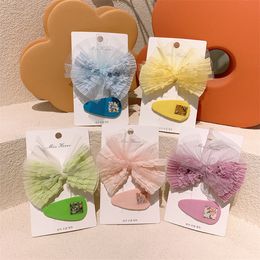 2 Pcs Spring New Fashion Children's Fabric BB Clip Sweet Girl Princess Simple Beautiful Pleated Lace Yarn Bow Hairpins Headdress