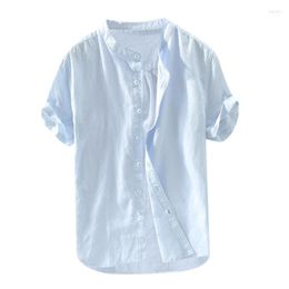 Men's Casual Shirts Baggy Cotton Linen Shirt Summer Solid Short Sleeve Button Blouse Retro Mens Stand Collar Hawaiian #LR11