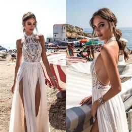 Boho Backless Wedding Dresses Bridal Gown A Line Halter Lace Appli High Split Chiffon Floor Length Custom Made Plus Size Beach Vestido De Novia