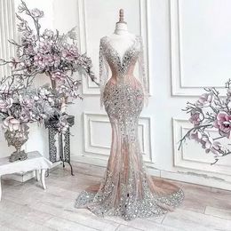 One pcs 2022 Luxurious Arabic Aso Ebi Beaded Crystals Formal Evening Dresses Sheer Neck Bridal Dresses Illusion Plus Size Prom Occasion Gowns