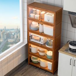 Kitchen Storage & Organisation Supplies Microwave Oven Rack Bamboo Multi-functional With Door Put Pot Dishes Seasoning Solid Wood Cabinet Bo