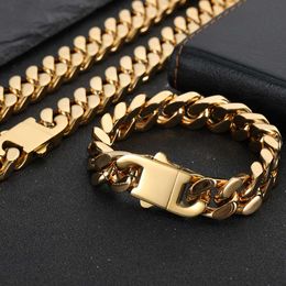 Cuban Link Chain Necklace Bracelet Set Heavy 18K Gold Plated Stainless Steel Metal Necklace for Boys Girls with Design Spring Buckle Fashion Jewelry