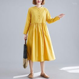 Women Cotton Linen Casual Dress 2022 Spring Simple Style Vintage Stand Collar Solid Color Ladies A-line Long Dresses S3011