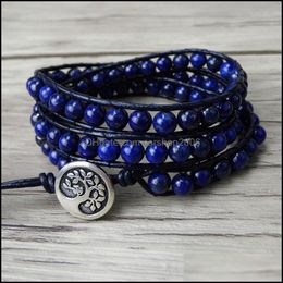 Tennis Bracelets Jewelry Navy Blue Beads Bracelet Boho Leather Wrap Lapis Lazi Yoga Natural Stone1 Drop Delivery 2021 Soay6