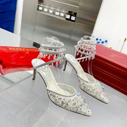 Rene Caovilla Chandelier Crystal-embellished Ankle-wrap shoes lace point-toe slingback pumps stiletto sandals for women Luxury Designers Evening factory footwear