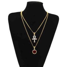 large Egyptian Ankh Key pendant necklaces Sets Round Ruby Sapphire with Rhinestones Cross Charms cuban link Chains For mens Hip Ho263J
