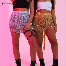 Sparkle Sequined Tassel Skirts Lace Up Shiny Hologram Chiffon Sexy Women Slim Mini Skirt Belly Dance Rave Festival 8 Colours T220819