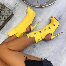 Summer Yellow White Black Canvas Sliver Big Button Sliver Studded Peep Toe Ankle Boots Women Thin High Heel Slingback Shoes Lady