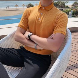 British Men Fashion Short Sleeve Camisa Masculina Playera Hombre Mode Homme Knitting Stripe Shirt Summer Top Men's Polos