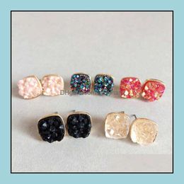 Stud Earrings Jewellery Fashion Drusy Druzy Gold Plated Square 5 Colours Irregar Rock Crystal Stone For Women Je Dhkpc