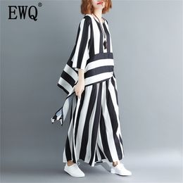 EWQ 2020 New Spring Summer Women Round Collar Irregular Loose Hem Stripe Shirt Elastic Suit Casual Waist Two Piece Set LJ201117