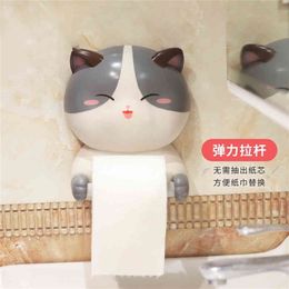 Cute cat sibling tissue holder animal wall decoration toilet free punch bathroom wall mounted creative toilet paper holder 210326