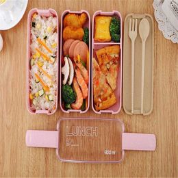 Portable Lunch Box 3 Grid Wheat Straw Bento Transparent Cover Food Container Work Travel Studentr Inventory Wholesale 360pcs DAP457