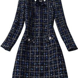 Fashion Designer Navy Blue Ploid Bow Tie Tust Autumn Inverno Donne a maniche lunghe Diamonds Abito corto in lana vintage 220317