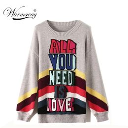 Knitwear Pullover Women's Autumn and Winter Jackets Rainbow Striped Letters Jacquard Loose Long Sleeve Fashion Sweater C-043 201224
