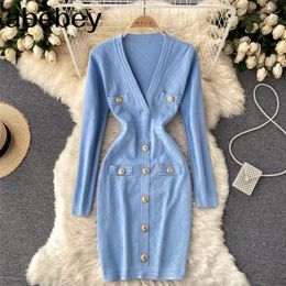 Women Knitted Pencil Dress Korean Long Sleeve V Neck Elastic Slim Autumn Winter Sexy Bodycon Warm Sweater 220402