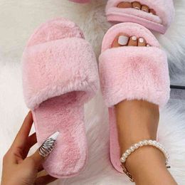 Simple Casual Women Home Slippers Fashion Fur Slippers Open Toe Indoor Winter Flat Non-slip Keep 2022 Warm Female Slippers G220730