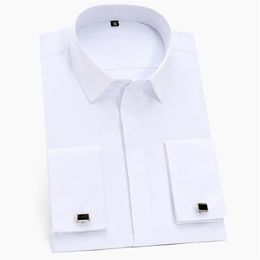Men's Classic French Cuffs Solid Dress Shirt Covered Placket Formal Business Standard-fit Long Sleeve Office Work White Shirts 220401
