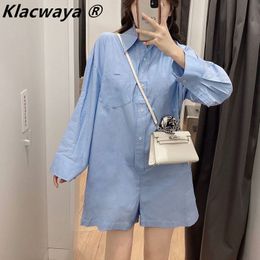 Womens Jumpsuit Wide Leg Shorts Spring Long Sleeve Patchwork Rompers Elegant Casual Loose Lapel Button Solid Colour Shirt Romper 210521