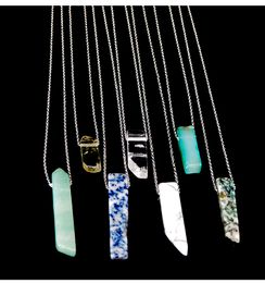 Natural Stone Strip Bar Necklace Rose Red Blue Amethyst Crystal Green Aventurine Rectangle Stainless steel Necklace for Women Men Jewellery