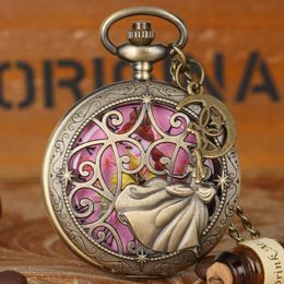 Pocket Watches Girl Watch Quartz Pink Little Fairy Dial Slim Chain Pendant Hollow Cover With Angel Accessories Beautiful Clock